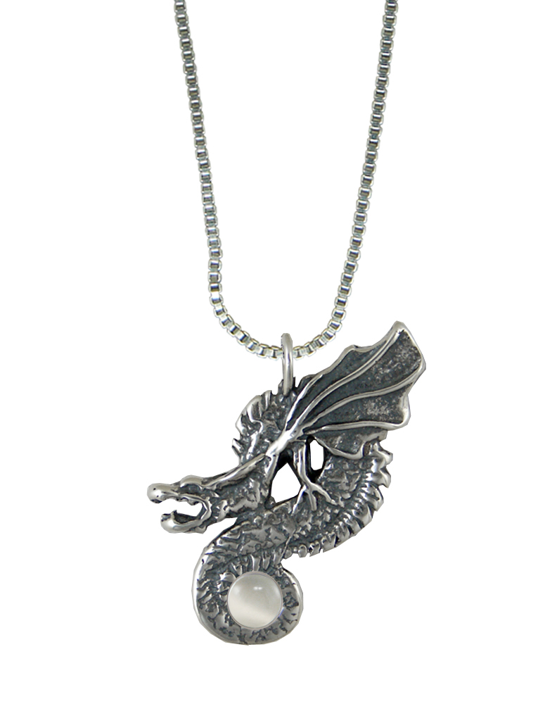 Sterling Silver Wyvern Dragon Pendant With White Moonstone